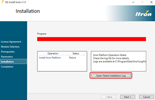 The Installation screen with failed install progress
